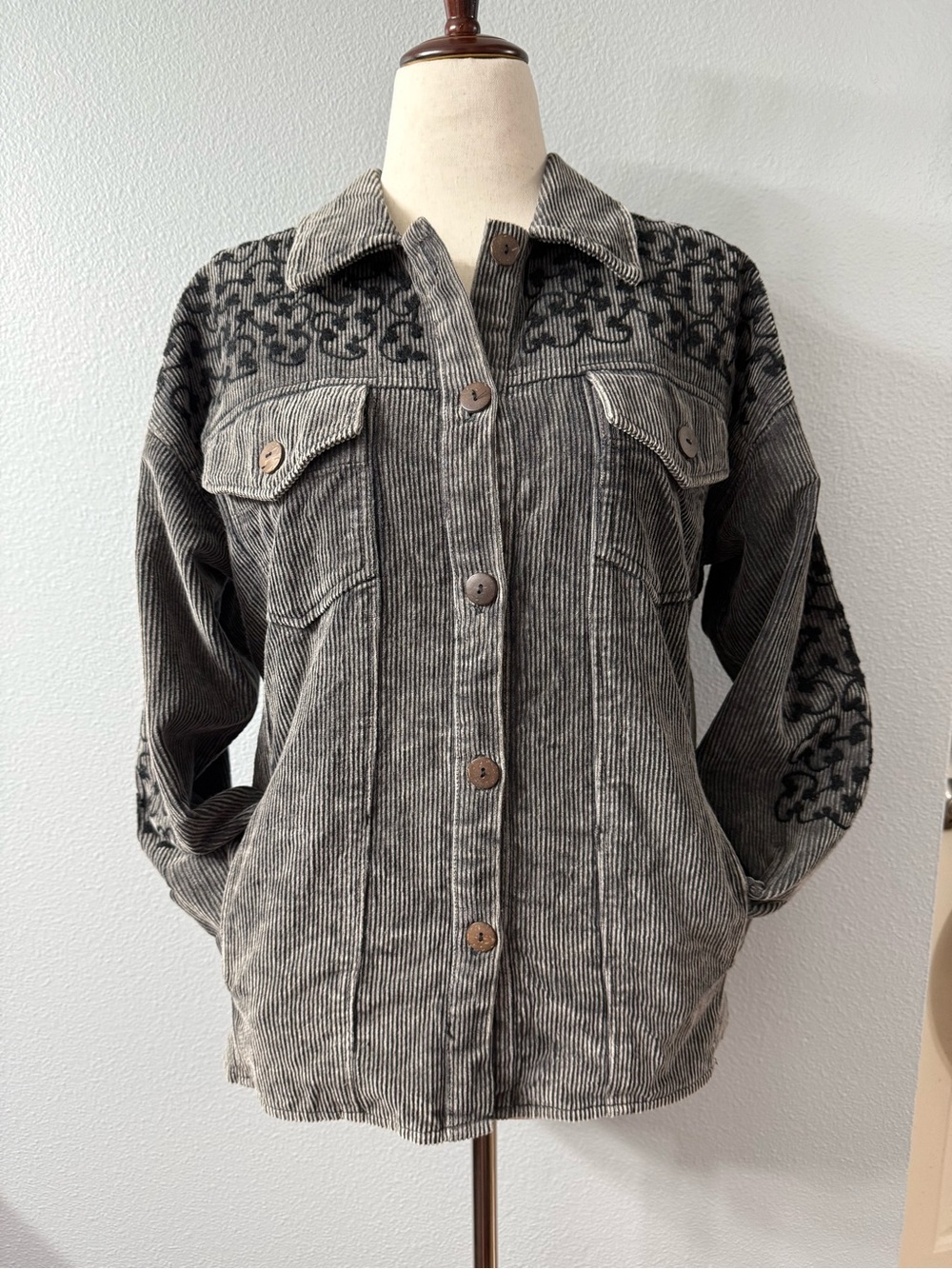 Young Threads Gray Corduroy Button-Up Shirt Jacket with Black Embroidery, Lg/Xlg